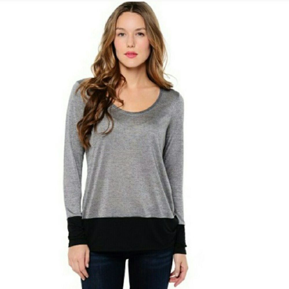 VINCE Color Blocked Grey Black Soft Scoop Neck Long Sleeve Business Casual Top